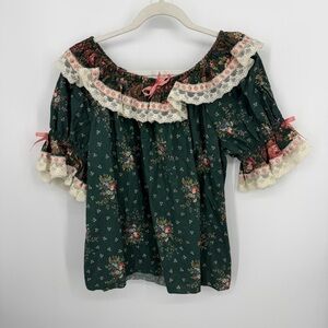 VTG 80s Square Up Fashions Classic Lace green floral Square Dance Blouse sz L